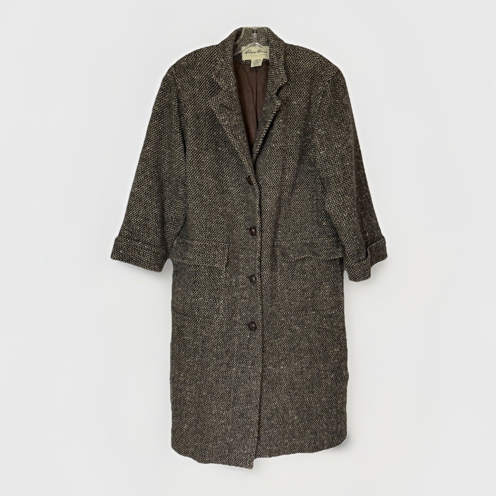 Eddie Bauer Women's Petite S 100% Wool Tweed Long Coat Brown Made USA Vintage